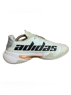 Adidas White Barricade Tennis Shoe with Peach and Black Logo Spell Out Sz 8